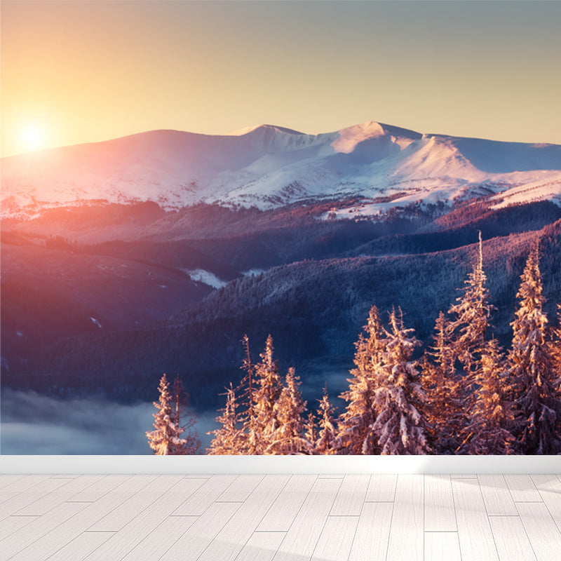 Beautiful Sunset Snow Mountain Mural Decal for Living Room, Orange, Size Optional