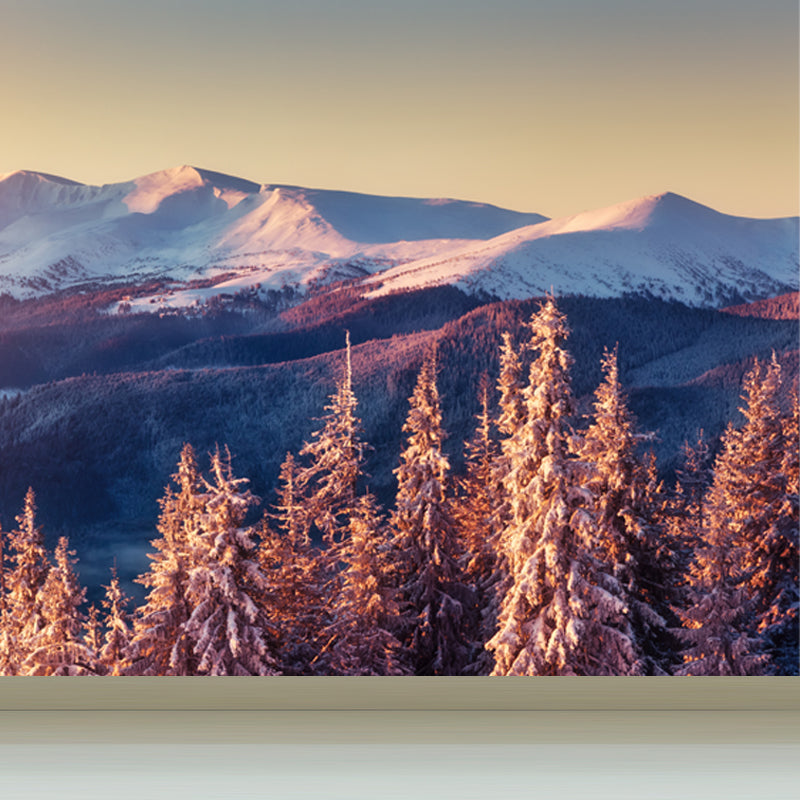 Beautiful Sunset Snow Mountain Mural Decal for Living Room, Orange, Size Optional