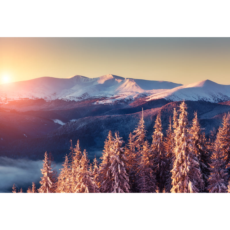 Beautiful Sunset Snow Mountain Mural Decal for Living Room, Orange, Size Optional