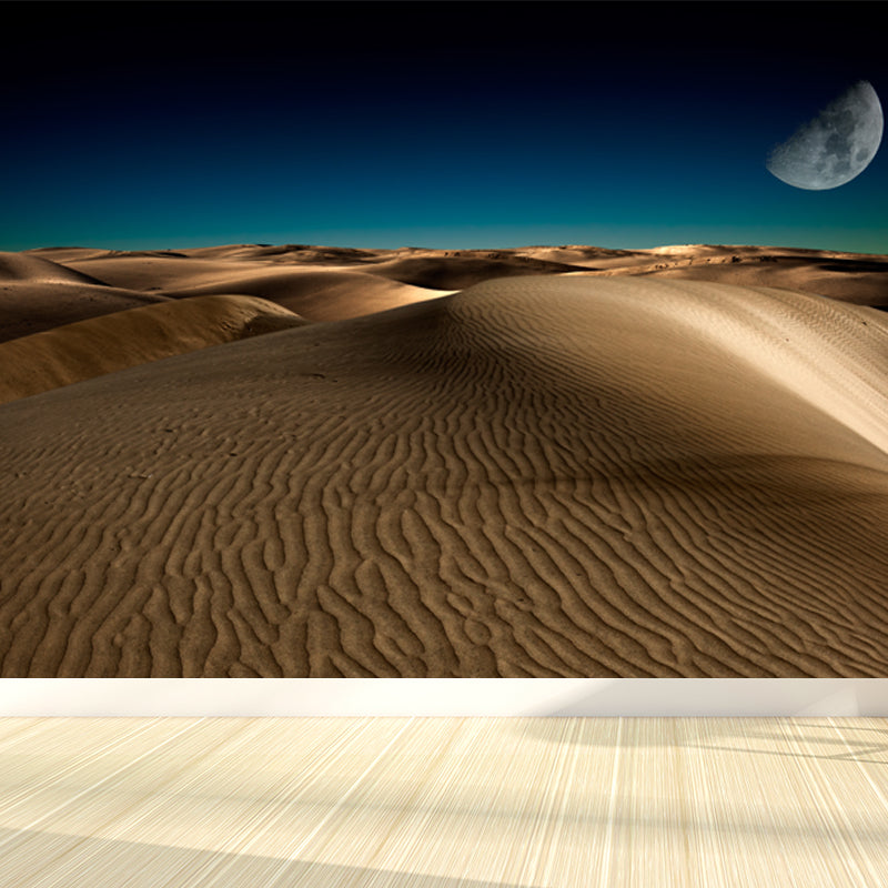 Modern Half-Moon Scenery Mural Yellow and Blue Desert at Night Wall Decor for Living Room
