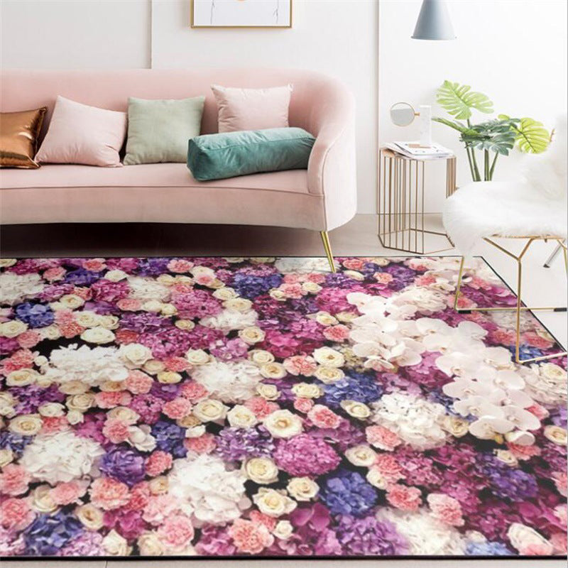 French Country Floral Pattern Rug Purple and Pink Polyester Rug Machine Washable Non-Slip Backing Area Rug for Living Room