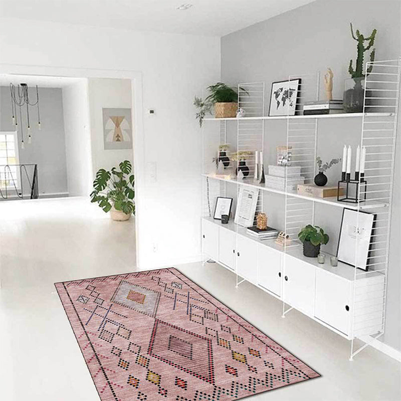Pink Bohemian Rug Polyester Geometric Dotted Line Pattern Rug Washable Non-Slip Backing Carpet for Living Room