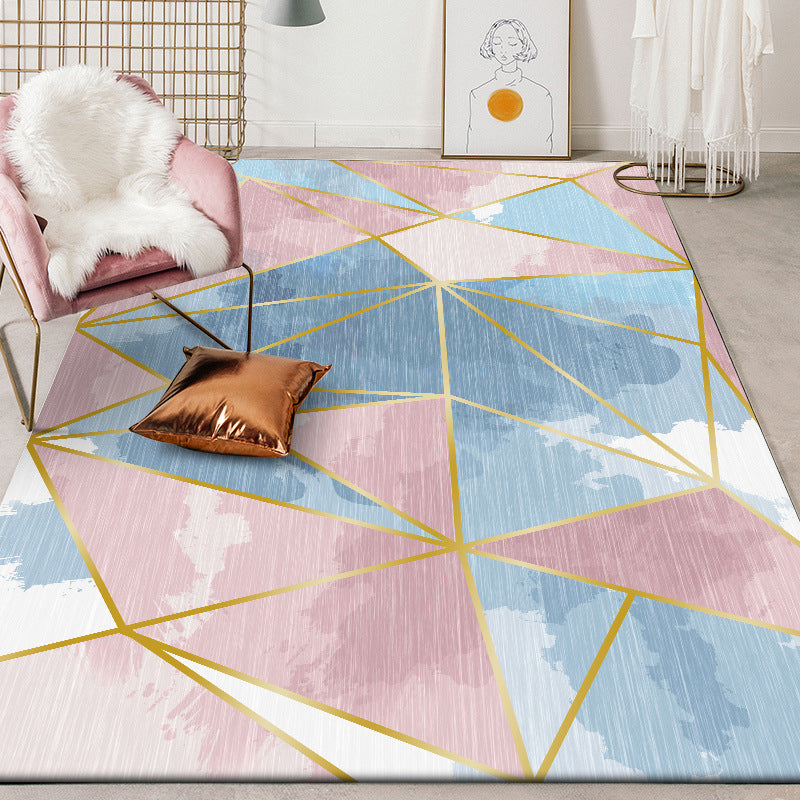 Minimalist Modern Rug in Pink and Blue Colorblock Geometry Pattern Rug Polyester Washable Carpet for Home Decoration