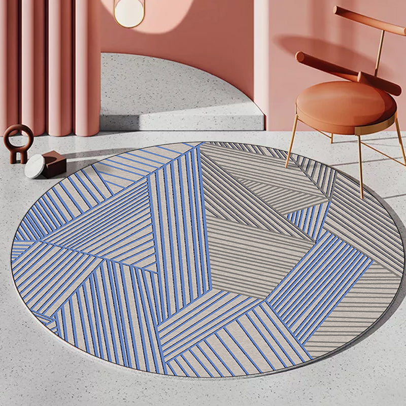 Brown and Blue Bedroom Rug Modern Geometric Stripe Pattern Area Rug Polyester Stain-Resistant Washable Carpet