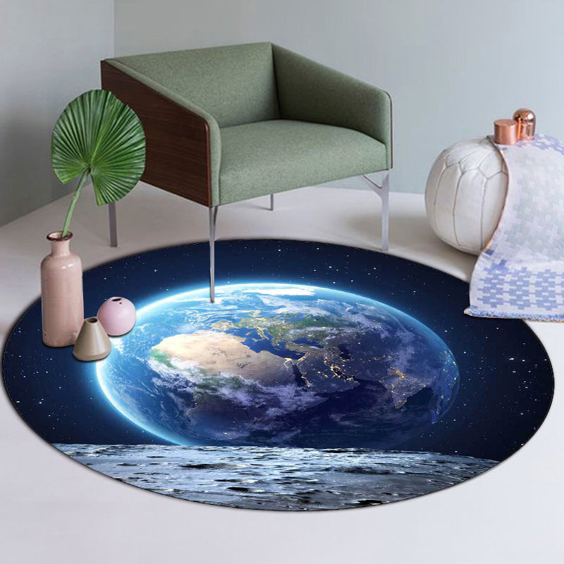 Scandinavian Modern Rug in Blue Outer Space Earth Pattern Rug Polyester Stain-Resistant Carpet for Home Decoration