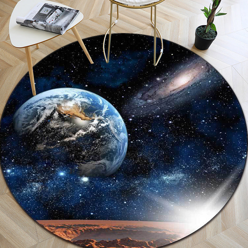 Modern Living Room Rug in Blue Outer Space Galaxy Earth Print Rug Polyester Anti-Slip Backing Area Rug