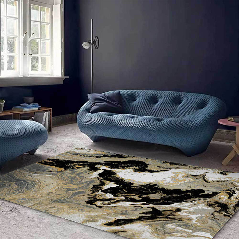 Novelty Abstract Rug Black and Golden Polyester Rug Machine Washable Non-Slip Area Rug for Bedroom