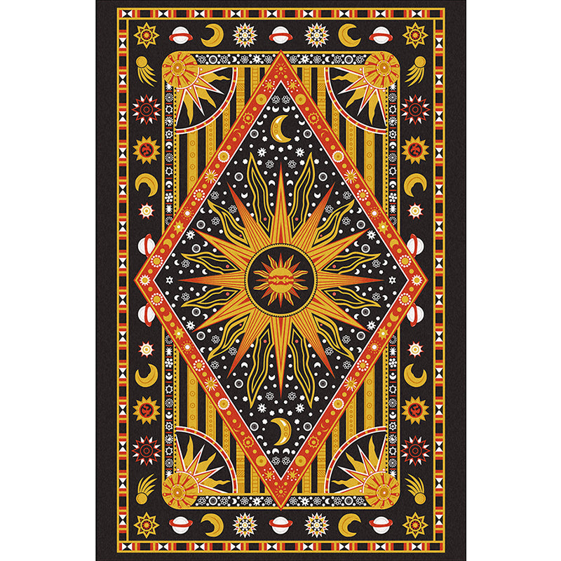 Tribal Southwestern Rug in Black and Yellow Sun Moon Diamond Pattern Rug Polyester Washable Carpet for Home Decoration