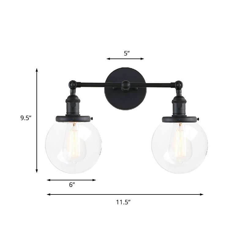 Round Living Room Wall Light Fixture Industrial Clear Glass 2-Light Black/Brass Sconce Lamp for Study Room