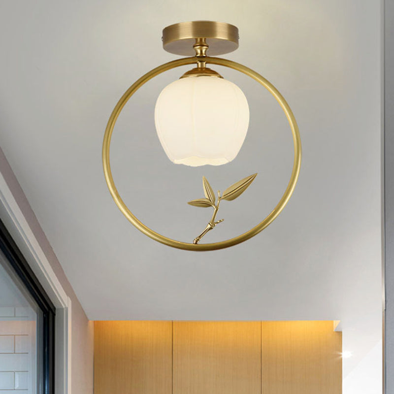 Opal Glass Brass Ceiling Lamp Inverted Bud 1 Bulb Rural Style Ring Flush Mount Light with Peacock Decor