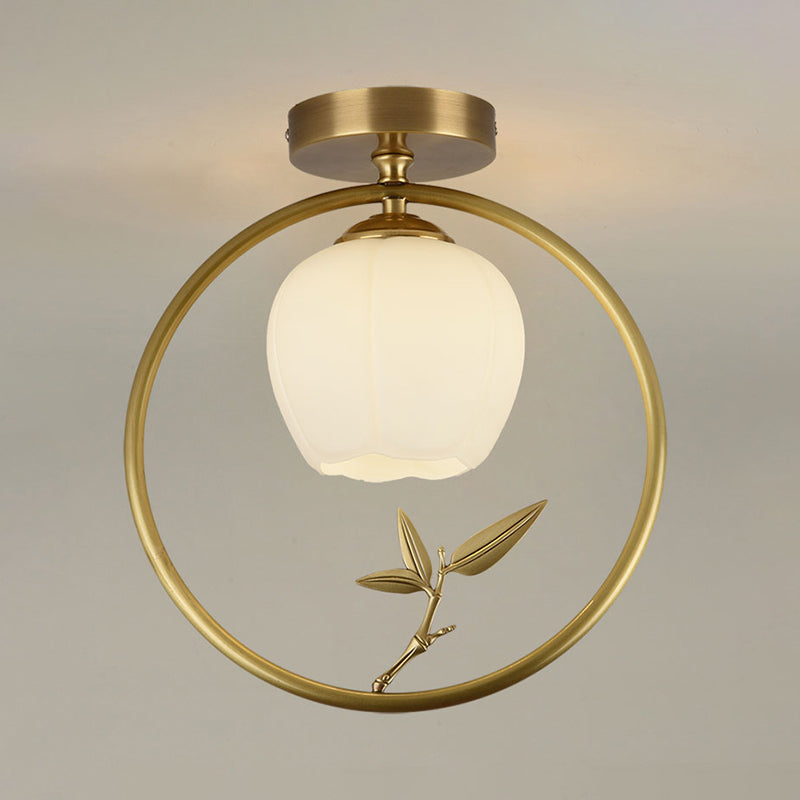 Opal Glass Brass Ceiling Lamp Inverted Bud 1 Bulb Rural Style Ring Flush Mount Light with Peacock Decor