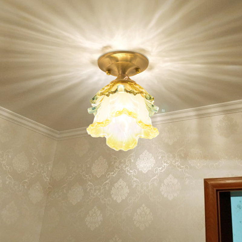 Ruffle Bloom Corridor Ceiling Fixture Warehouse Colorful Ribbed Glass 1-Head Brass Flush Mount Lighting