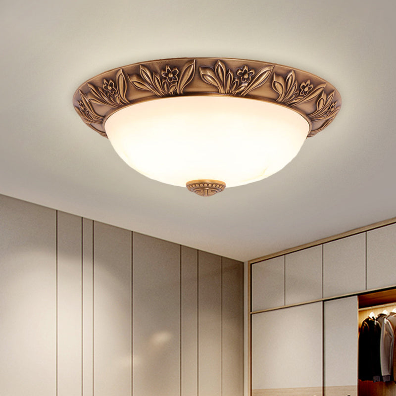 4/3/2 Heads Bowl Flush Light Antiqued Brass White Glass Ceiling Mounted Fixture,12"/16"/21.5" Width