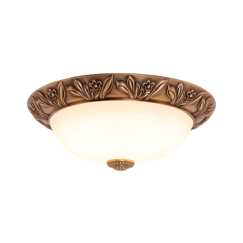 4/3/2 Heads Bowl Flush Light Antiqued Brass White Glass Ceiling Mounted Fixture,12"/16"/21.5" Width