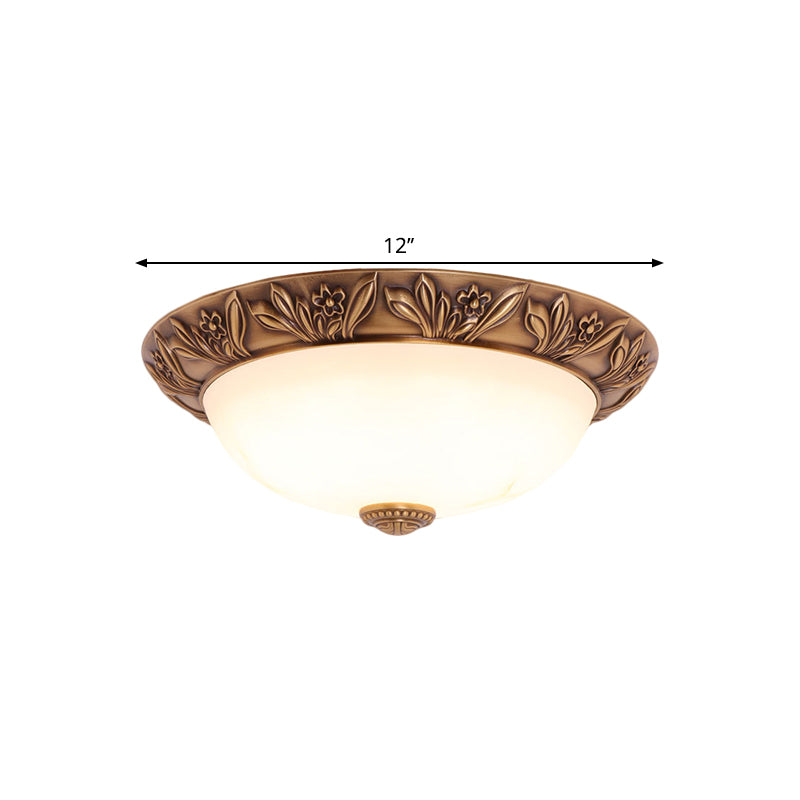 4/3/2 Heads Bowl Flush Light Antiqued Brass White Glass Ceiling Mounted Fixture,12"/16"/21.5" Width