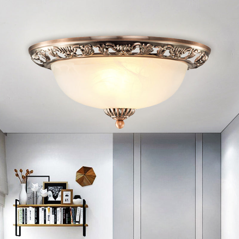 Dome Cream Glass Flush Light Fixture Vintage 2-Bulb Bedroom Ceiling Flush Mount in Brass/Bronze/Copper, 12.5"/15" Width