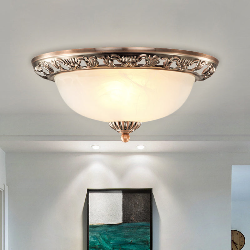 Dome Cream Glass Flush Light Fixture Vintage 2-Bulb Bedroom Ceiling Flush Mount in Brass/Bronze/Copper, 12.5"/15" Width