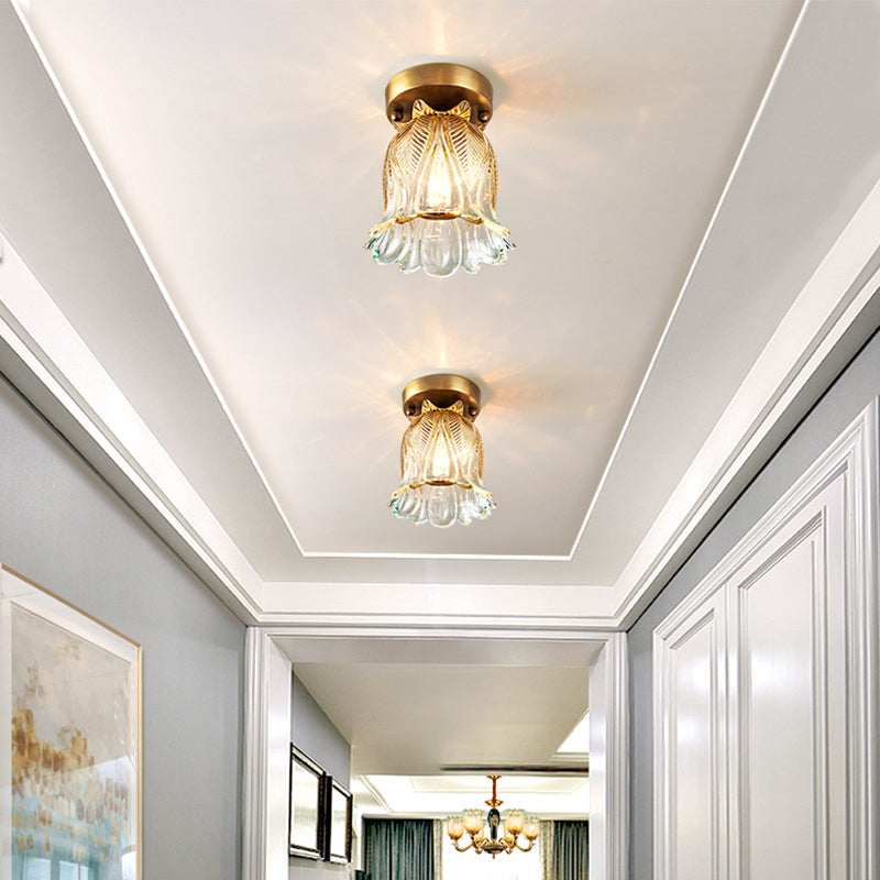 Single Light Flush Mount Lighting Farmhouse Flower Lattice Clear Glass Ceiling Lamp Fixture in Brass