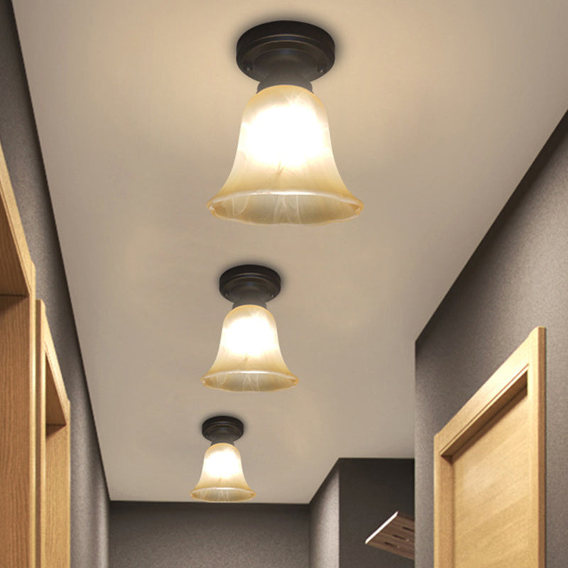 Black Single Bulb Ceiling Light Antiqued Milky Glass Bell Shape Flush Mount Lighting Fixture