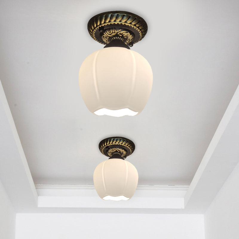 Country Blossom Ceiling Flush Single Bulb Milky Glass Flush Mount Lighting in Brown
