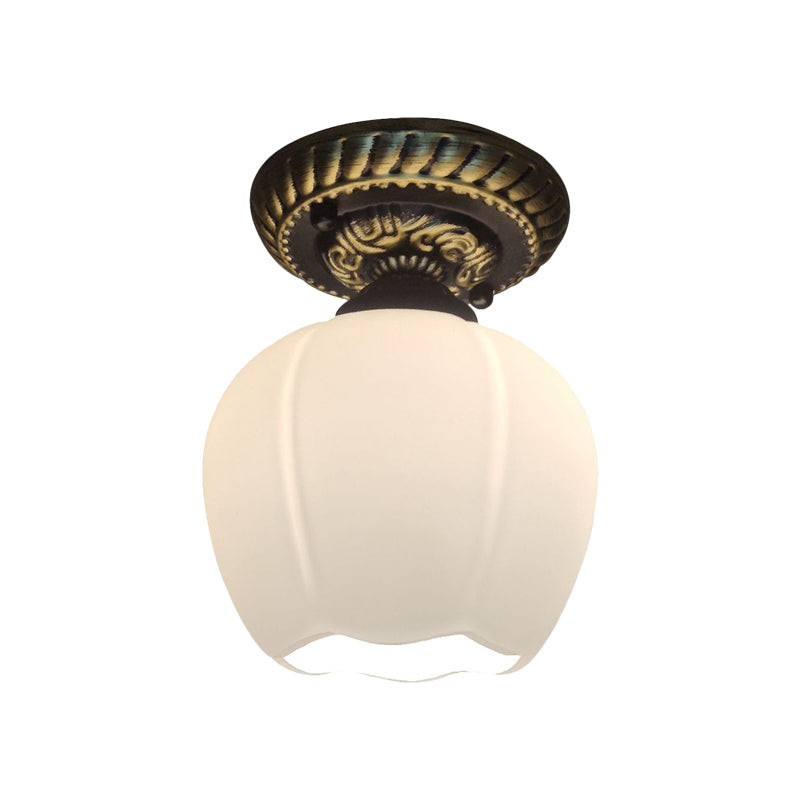 Country Blossom Ceiling Flush Single Bulb Milky Glass Flush Mount Lighting in Brown