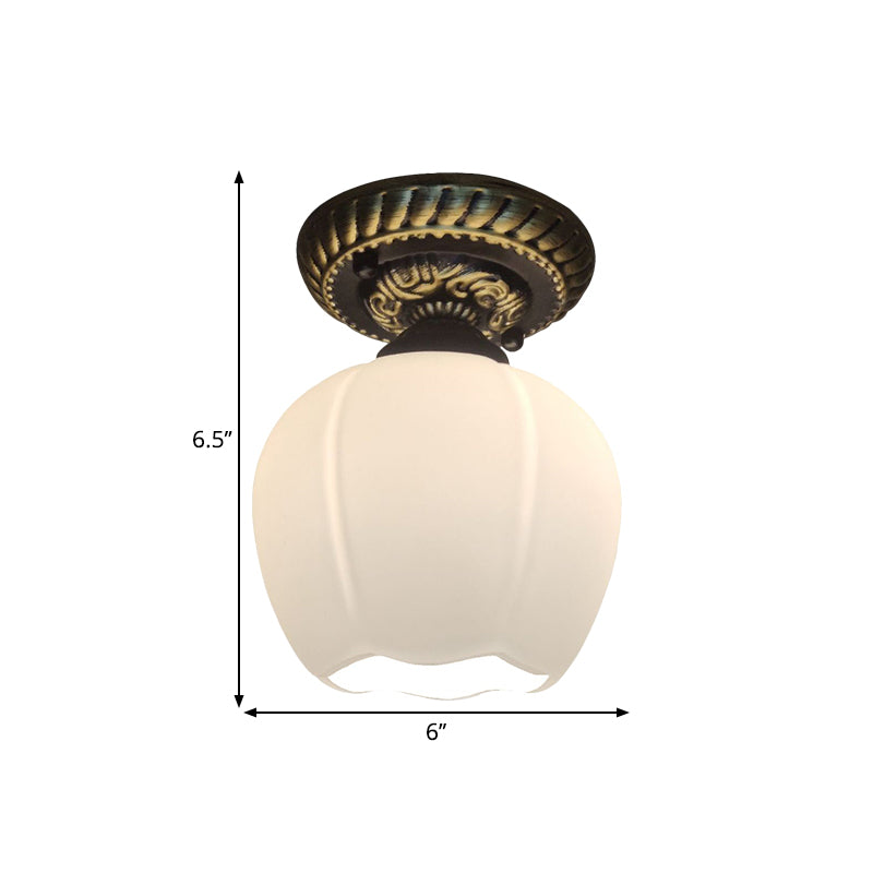 Country Blossom Ceiling Flush Single Bulb Milky Glass Flush Mount Lighting in Brown