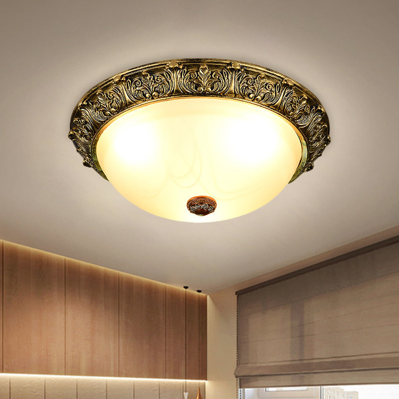 Plafonnier en forme de dôme de style rustique, 11 / 15 / 19 po, éclairage encastré à 2/3 têtes en verre opalin, blanc/laiton