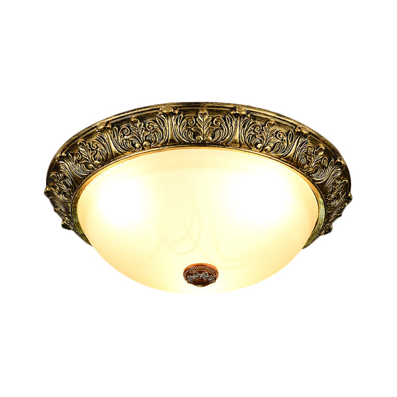 Plafonnier en forme de dôme de style rustique, 11 / 15 / 19 po, éclairage encastré à 2/3 têtes en verre opalin, blanc/laiton
