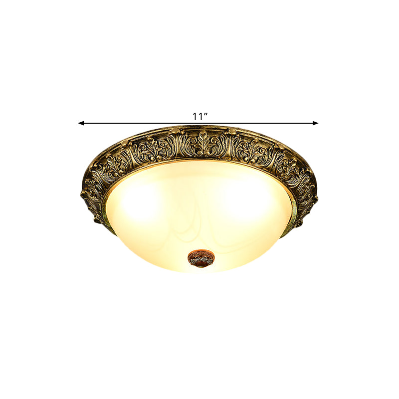 Plafonnier en forme de dôme de style rustique, 11 / 15 / 19 po, éclairage encastré à 2/3 têtes en verre opalin, blanc/laiton