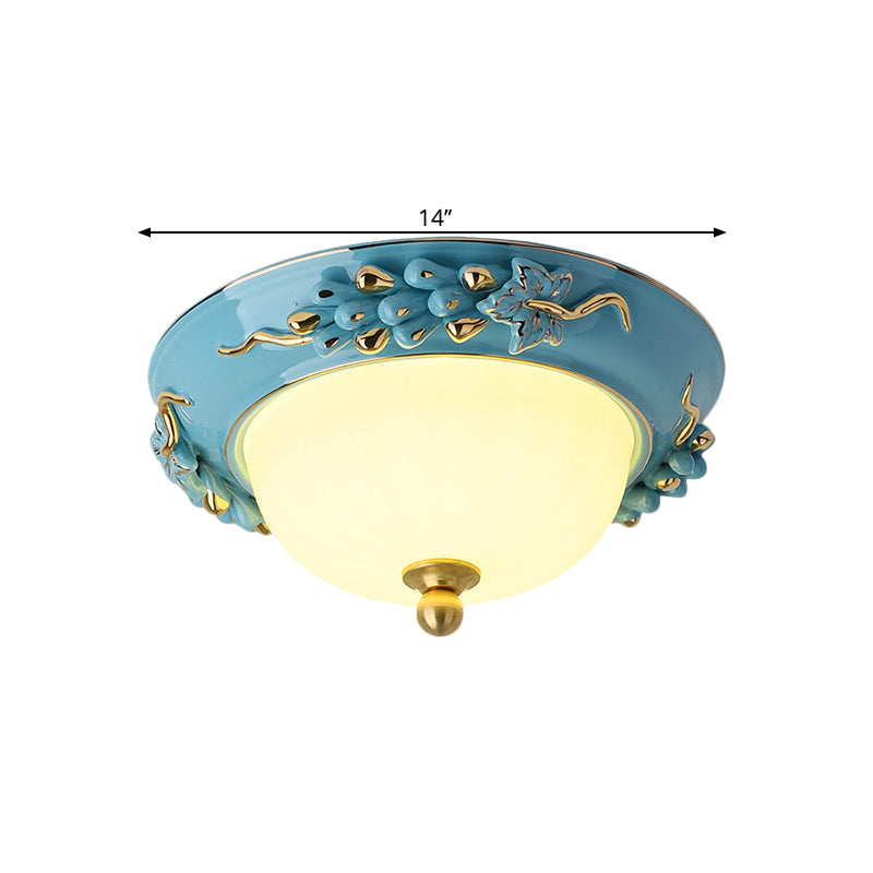 Blue 12"/14" W LED Ceiling Flush Antiqued Opal Glass Semicircle Flush Mount Lighting with Floral Design, Warm/White Light