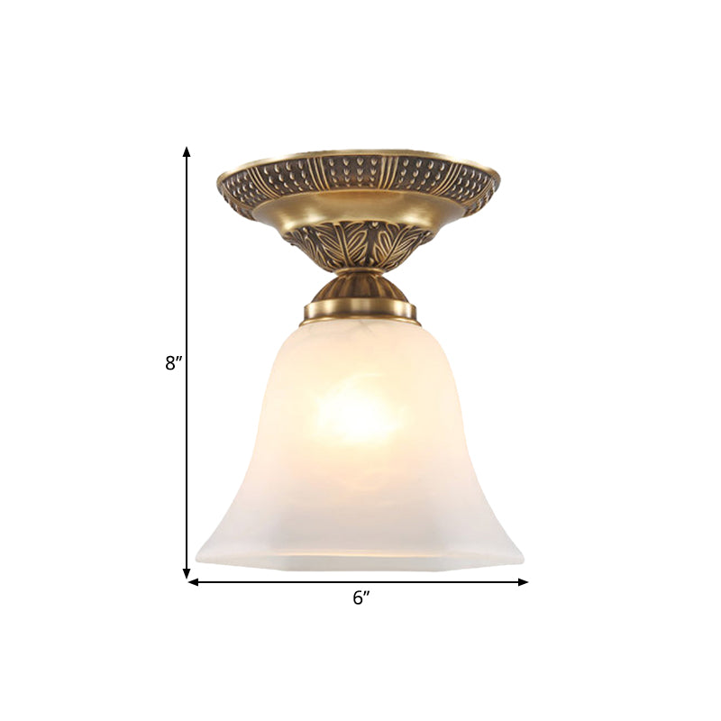 Frosted Glass Brass Flush Mount Fixture Bell Shape Single Head Country Ceiling Mounted Light