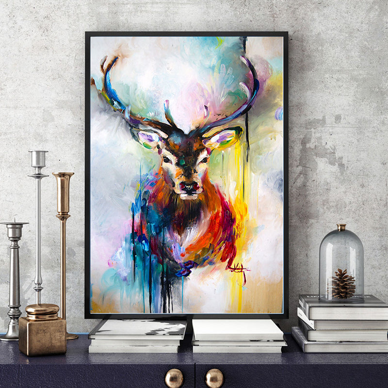 Nordic Deer Painting Wall Art Red and Blue Textured Canvas Print for Dining Room