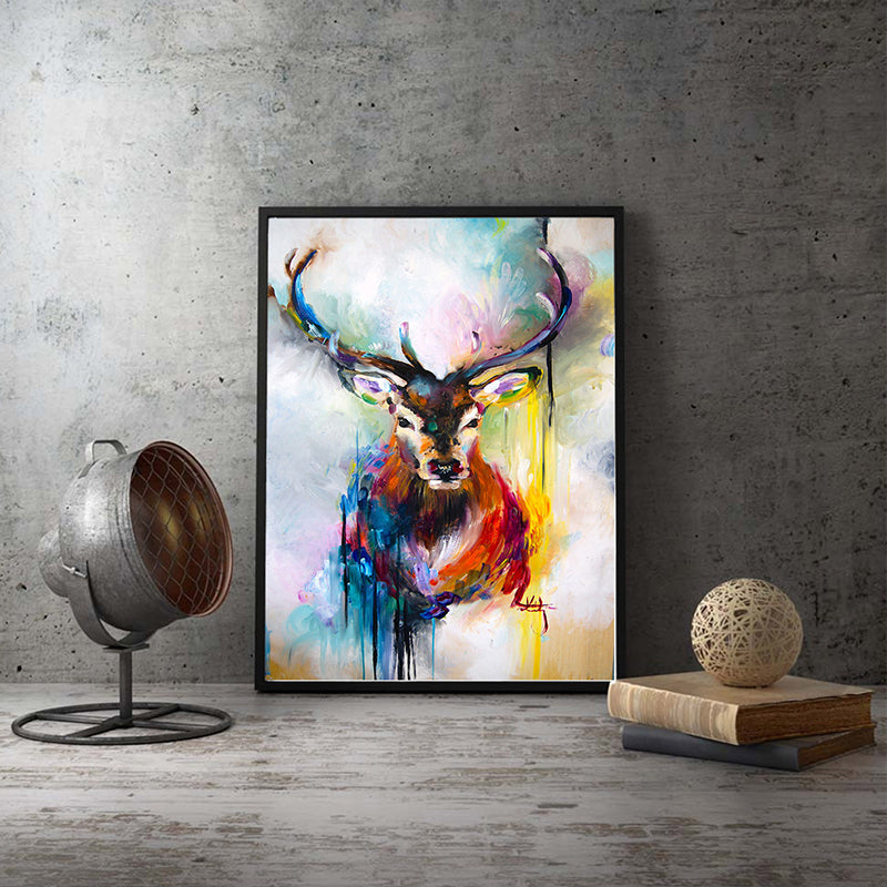 Nordic Deer Painting Wall Art Red and Blue Textured Canvas Print for Dining Room