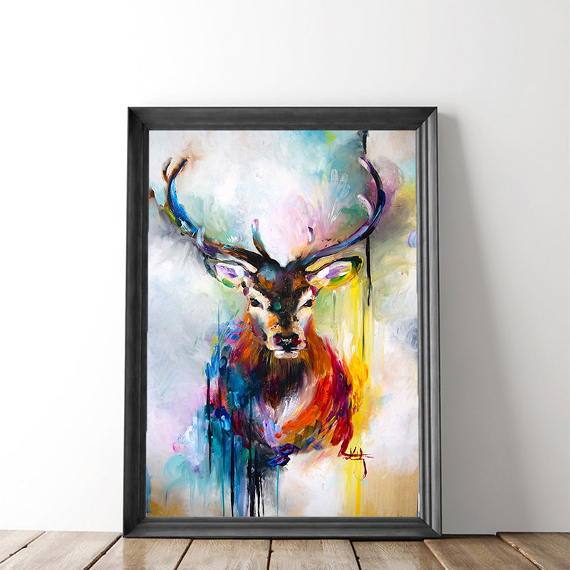 Nordic Deer Painting Wall Art Red and Blue Textured Canvas Print for Dining Room