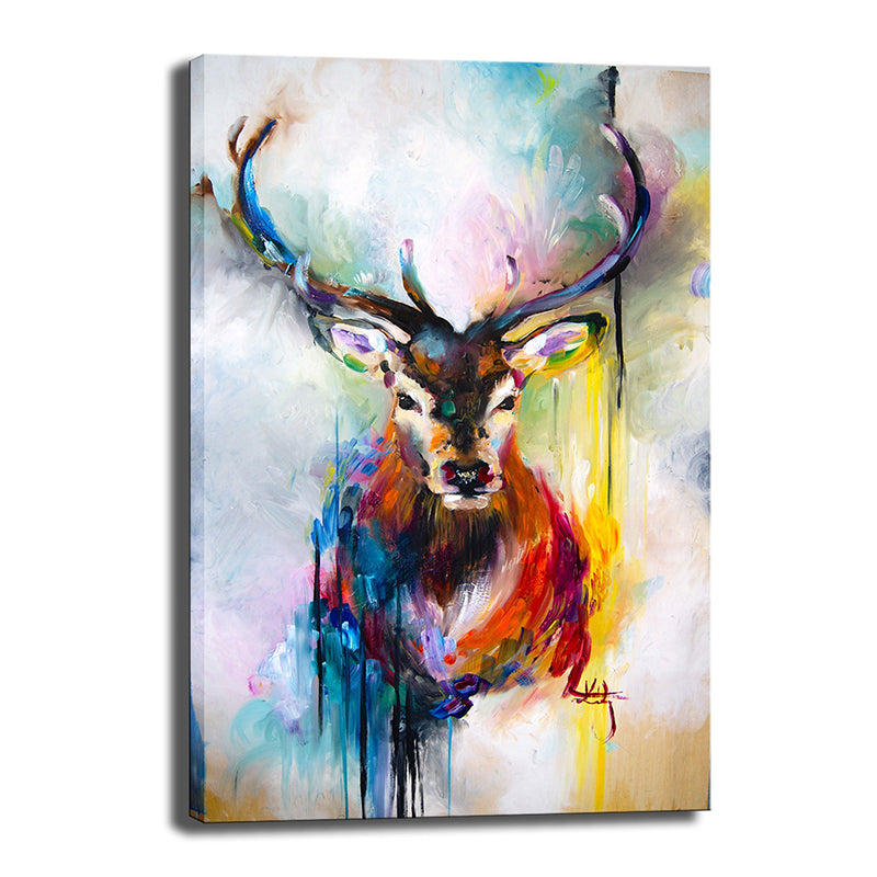 Nordic Deer Painting Wall Art Red and Blue Textured Canvas Print for Dining Room
