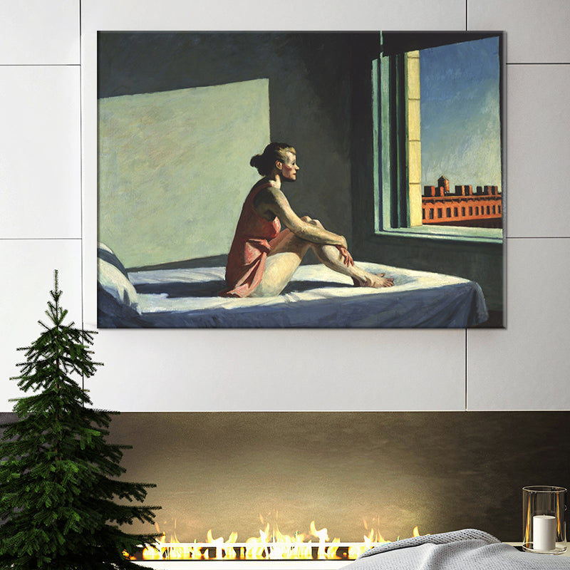 Red Edward Hopper Painting Woman on Bed Looking Out to Window Modern Textured Wall Art