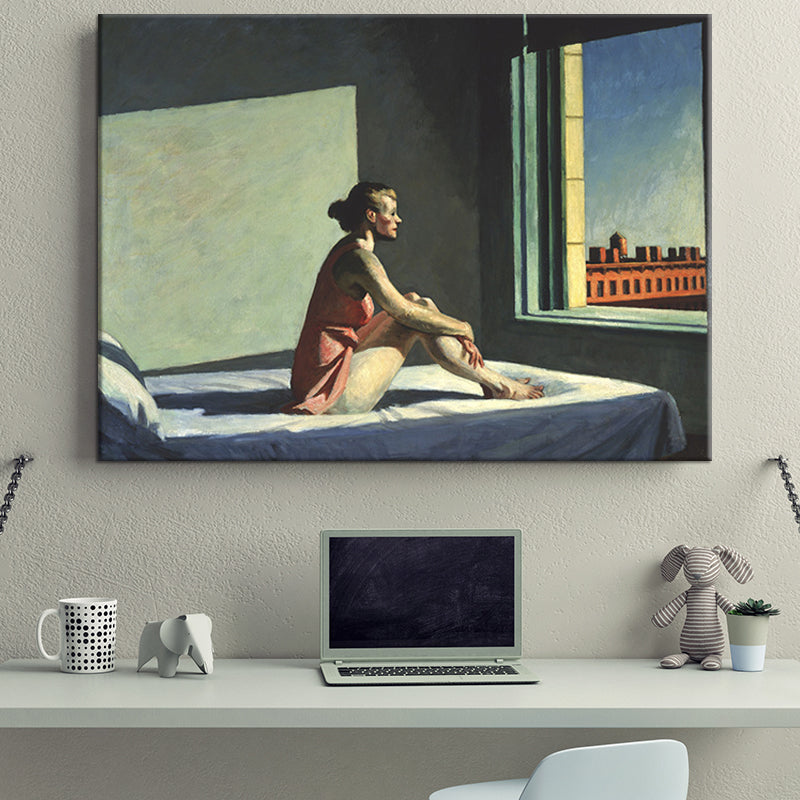 Red Edward Hopper Painting Woman on Bed Looking Out to Window Modern Textured Wall Art
