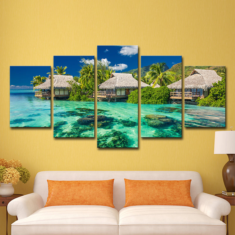 Tropical Resort Seascape Art Print Aqua Living Room Wall Decoration, Multi-Piece