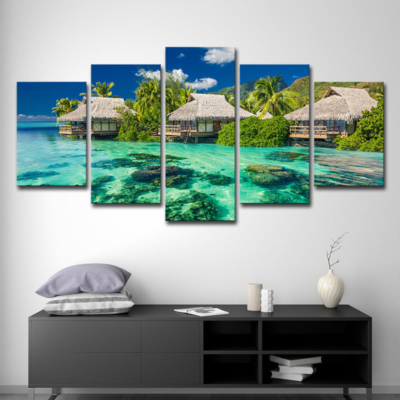 Tropical Resort Seascape Art Print Aqua Living Room Wall Decoration, Multi-Piece