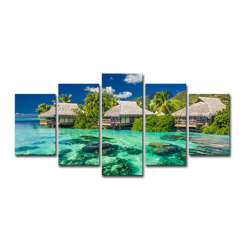 Tropical Resort Seascape Art Print Aqua Living Room Wall Decoration, Multi-Piece