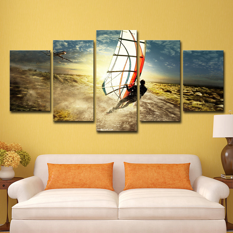 Cool Windsurfing at Sunset Art Print for House Interior Extreme Sport Wall Decor in Blue