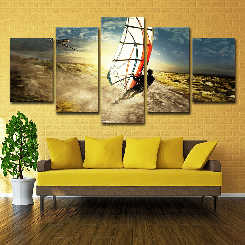 Cool Windsurfing at Sunset Art Print for House Interior Extreme Sport Wall Decor in Blue