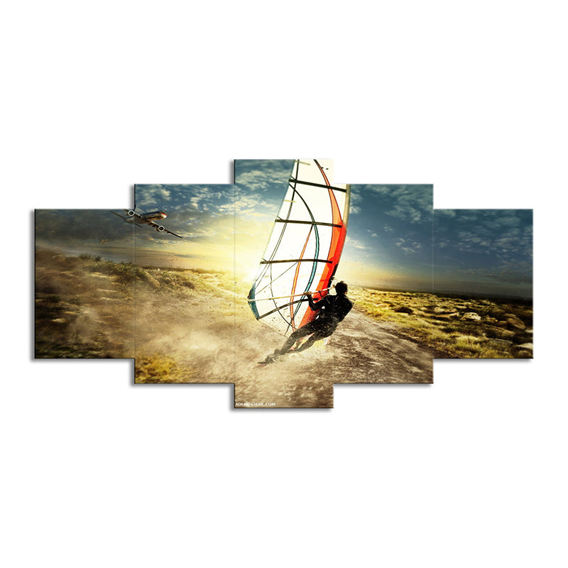 Cool Windsurfing at Sunset Art Print for House Interior Extreme Sport Wall Decor in Blue