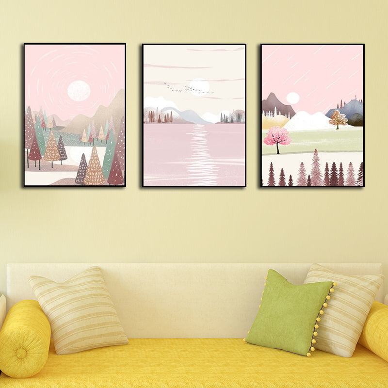 Park Scenery Wall Art Set for Living Room Beautiful Landscape Print Canvas in Pink