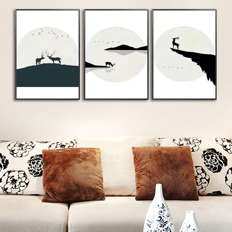 Elk and Moon Painting Canvas Living Room Night Scenery Wall Art Set in Black, Textured