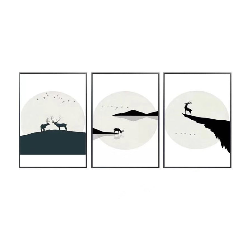 Elk and Moon Painting Canvas Living Room Night Scenery Wall Art Set in Black, Textured
