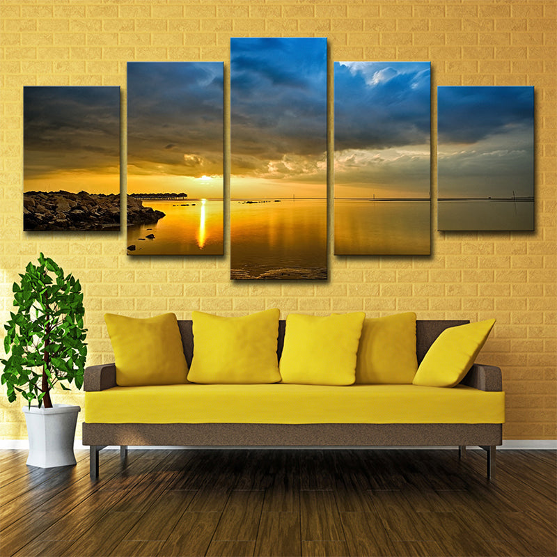 Modern Canvas Print Yellow River with Rock Shore at Sunset Scenery Wall Art