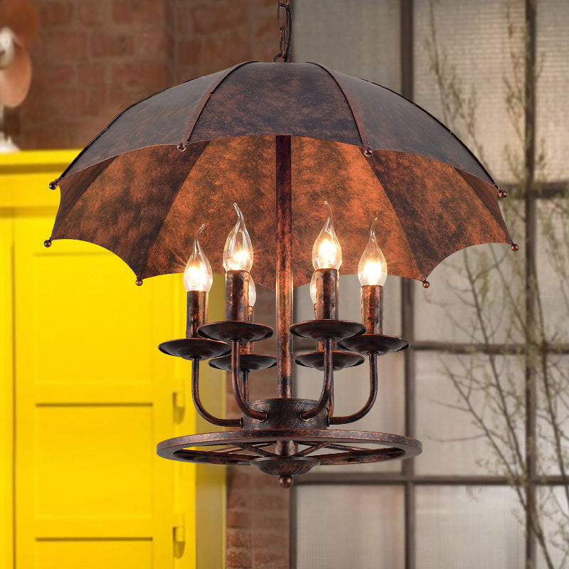 Rust Candle Suspension Light with Umbrella Shade 6 Lights Metallic Pendant Lamp for Boutique