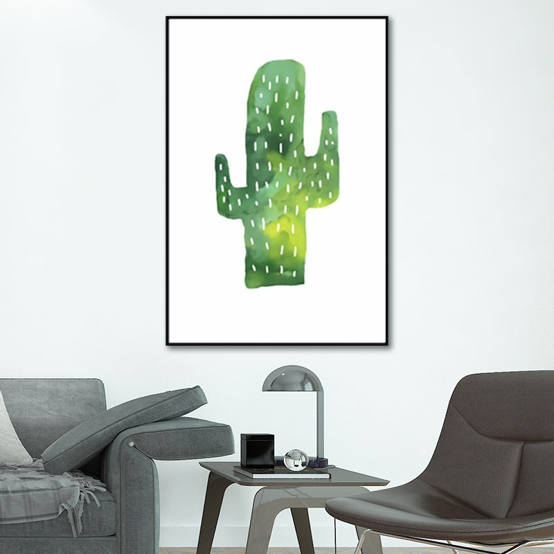 Tropical Cactus Painting Art Print Living Room Canvas in Green on White, Texture