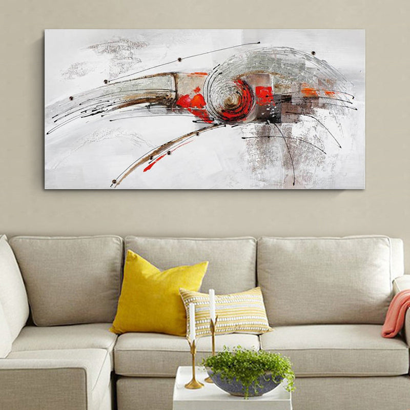 Modernist Whirling Painting Dining Room Canvas Wall Art in Red and White, Textured